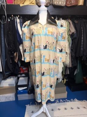 Novelty Cat Print Dress with Black Satin Collar